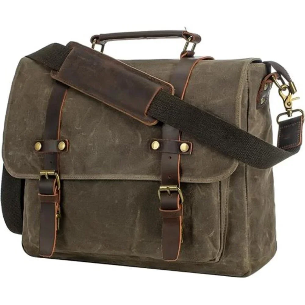 Men's Vintage Leather Messenger Bag 15.6 inch Laptop Briefcase, Waxed Canvas